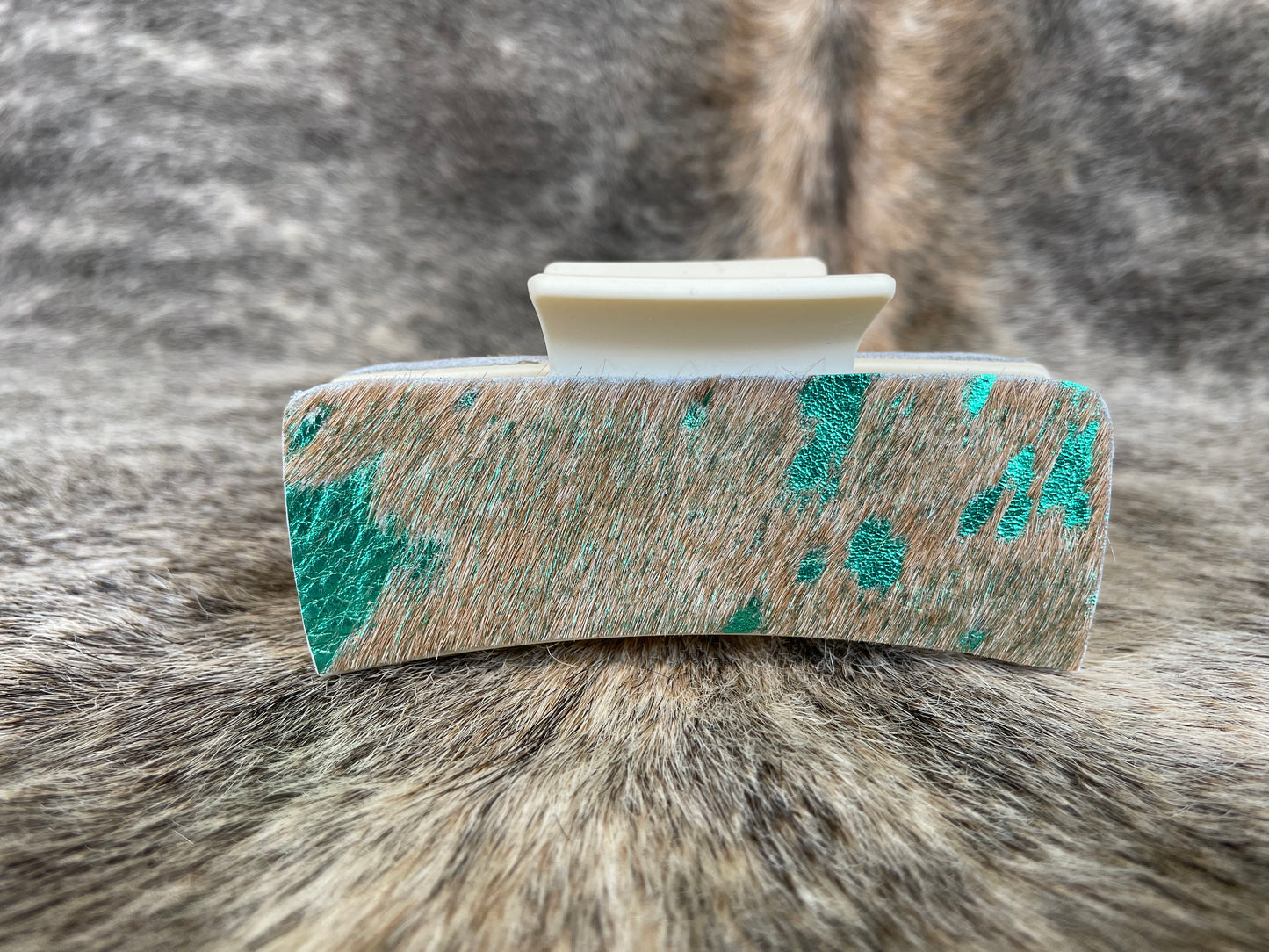 4” Ivory Hair Clip with Green Acid Wash Hair On Cowhide