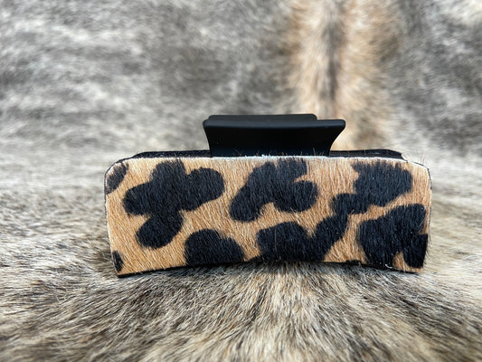 4” Black Hair Clip with Leopard Hair On Cowhide