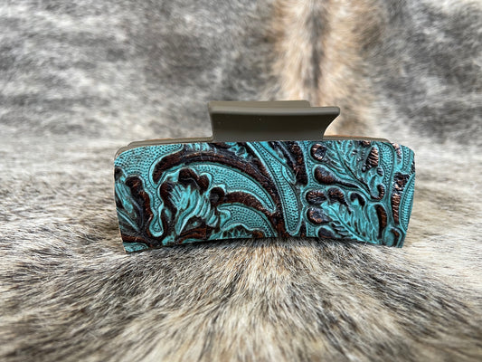 4” Dark Chocolate Hair Clip with Turquoise Floral Leather