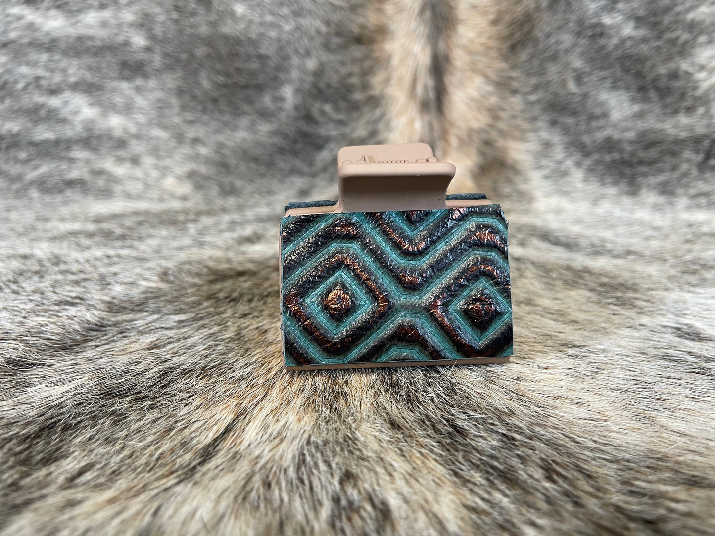 2” Mocha Hair Clip with Teal & Copper Geometric Design Leather