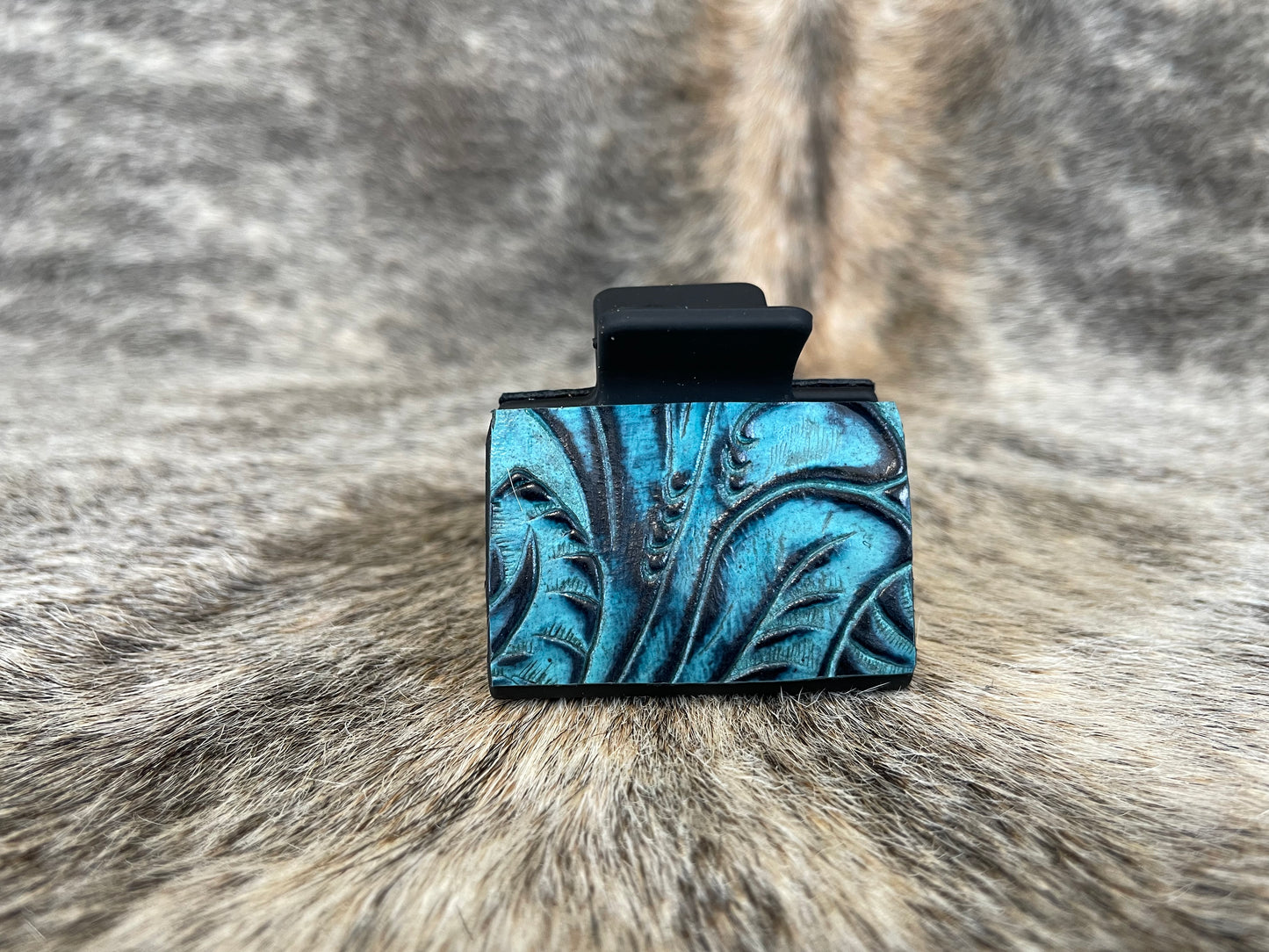 2” Black Hair Clip with Turquoise Floral Leather