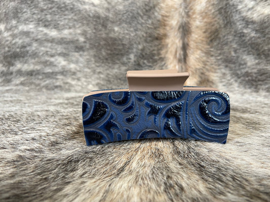 4” Mocha Hair Clip with Navy Floral Leather