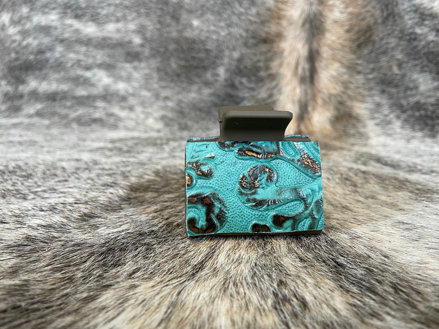 2” Dark Chocolate Hair Clip with Turquoise Floral Leather