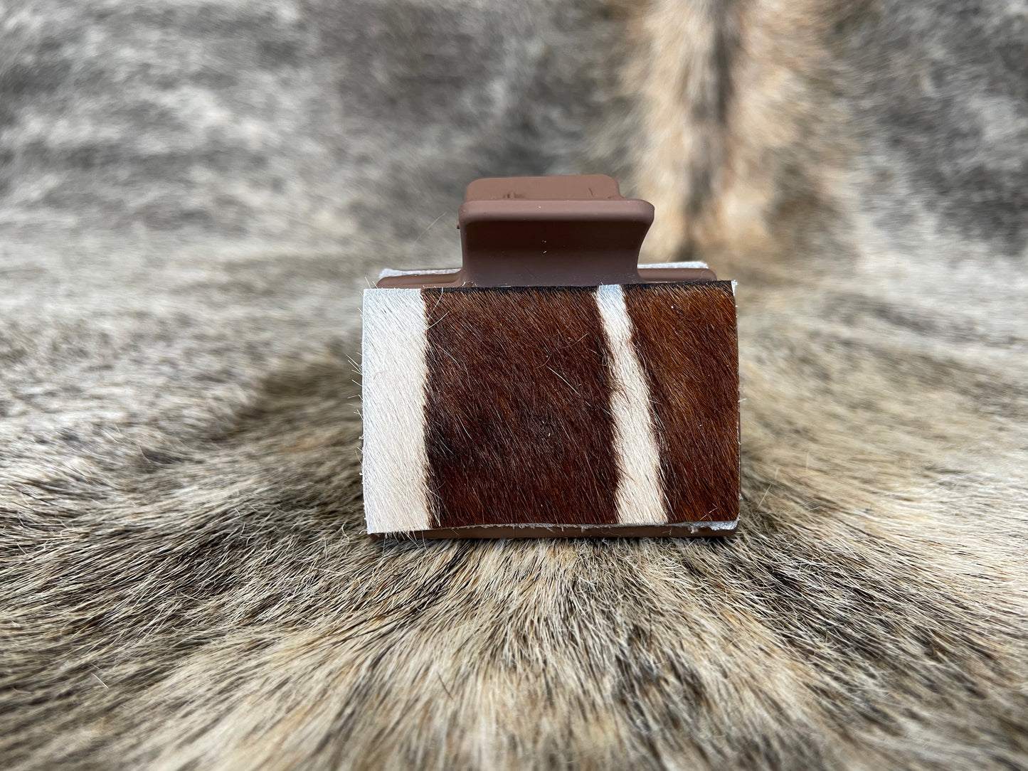 2” Chocolate Hair Clip with Striped Hair On Cowhide