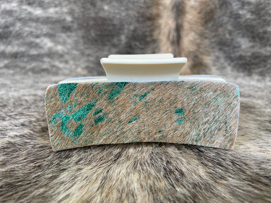 4” Ivory Hair Clip with Green Acid Wash Hair On Cowhide