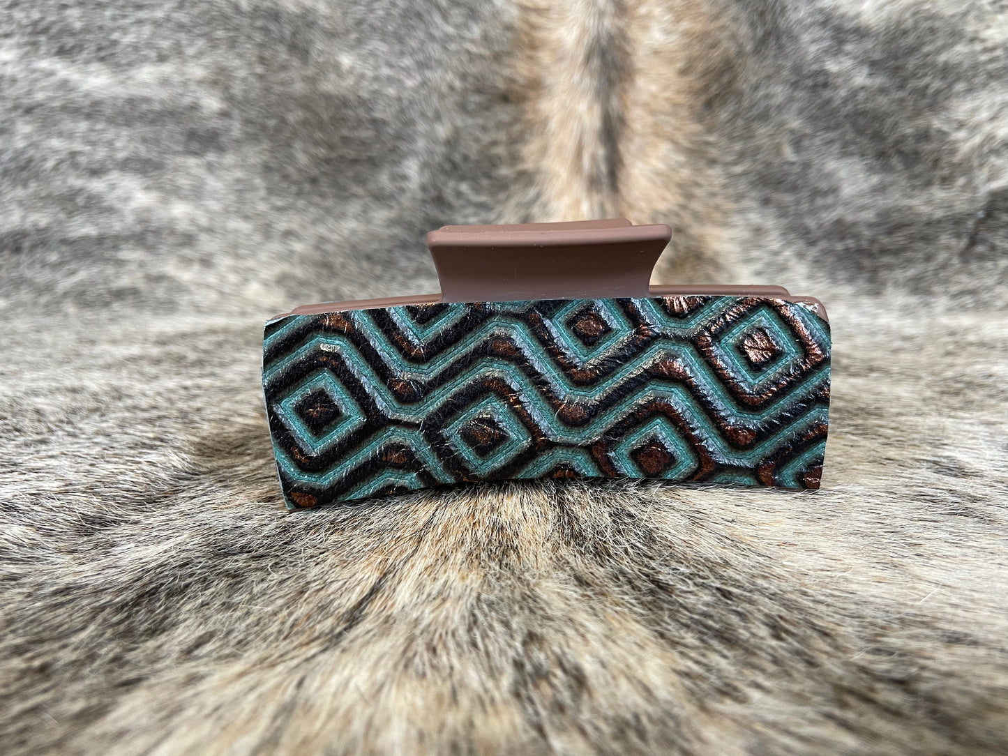 4” Chocolate Hair Clip with Teal & Copper Geometric Design Leather