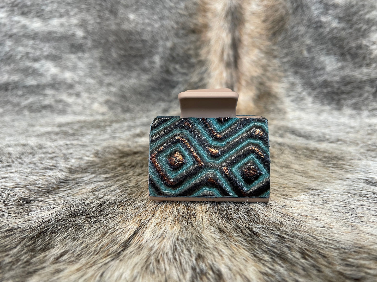 2” Mocha Hair Clip with Teal & Copper Geometric Design Leather