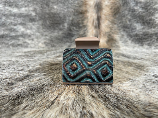 2” Mocha Hair Clip with Teal & Copper Geometric Design Leather