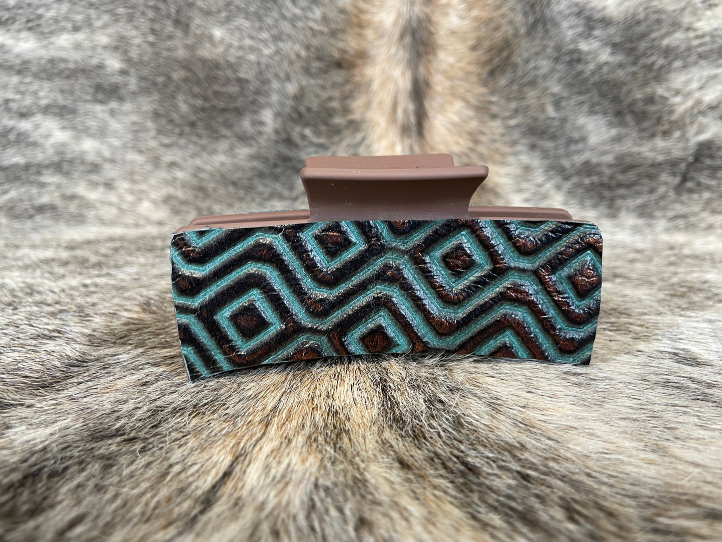 4” Chocolate Hair Clip with Teal & Copper Geometric Design Leather