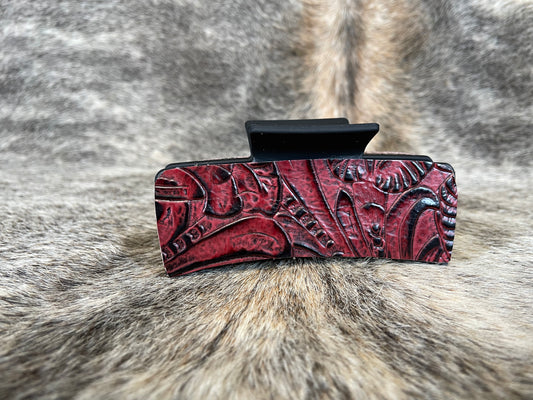 4” Black Hair Clip with Red Floral Leather