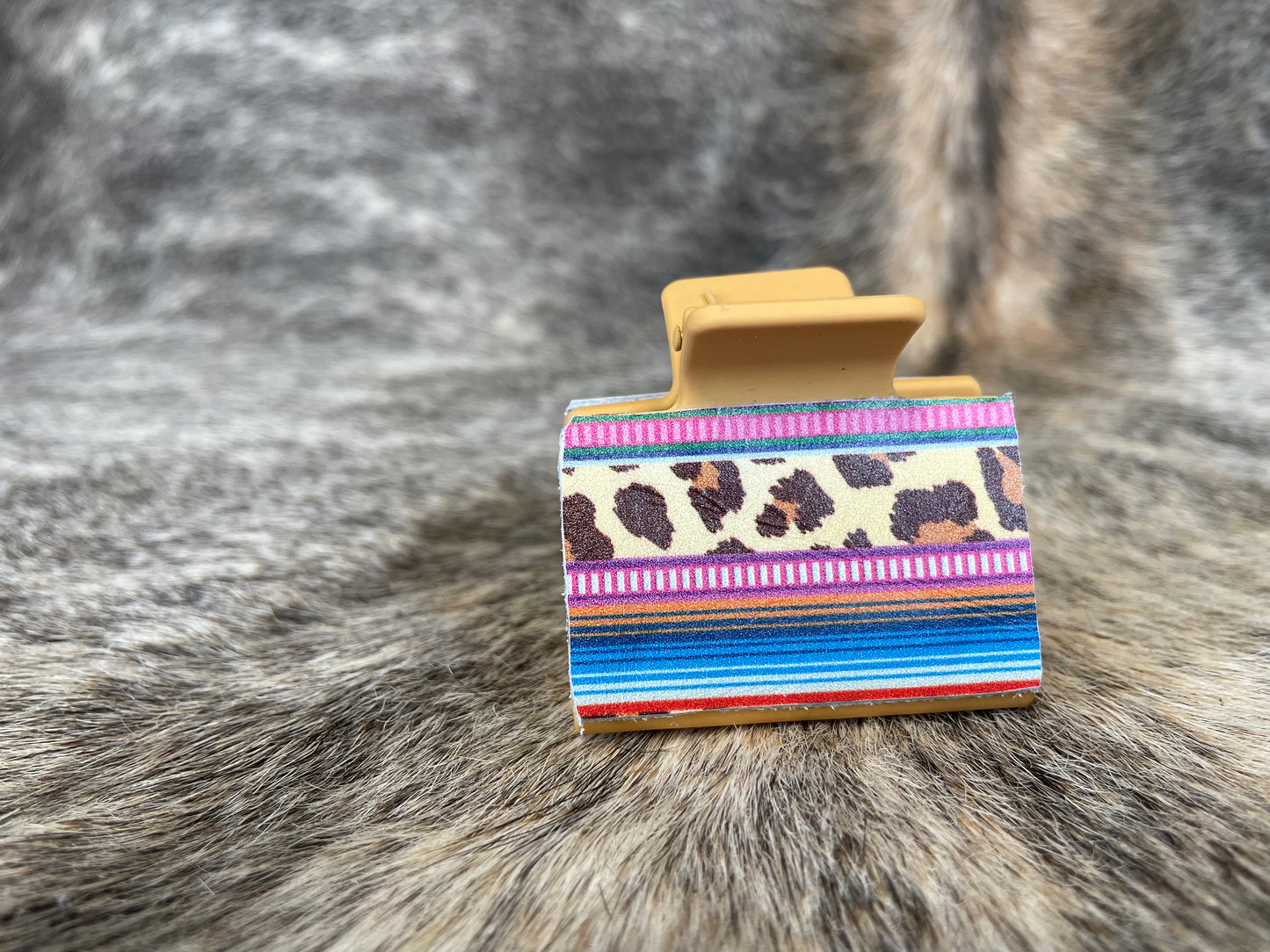 2” Mustard Hair Clip with Cheetah/serape Leather