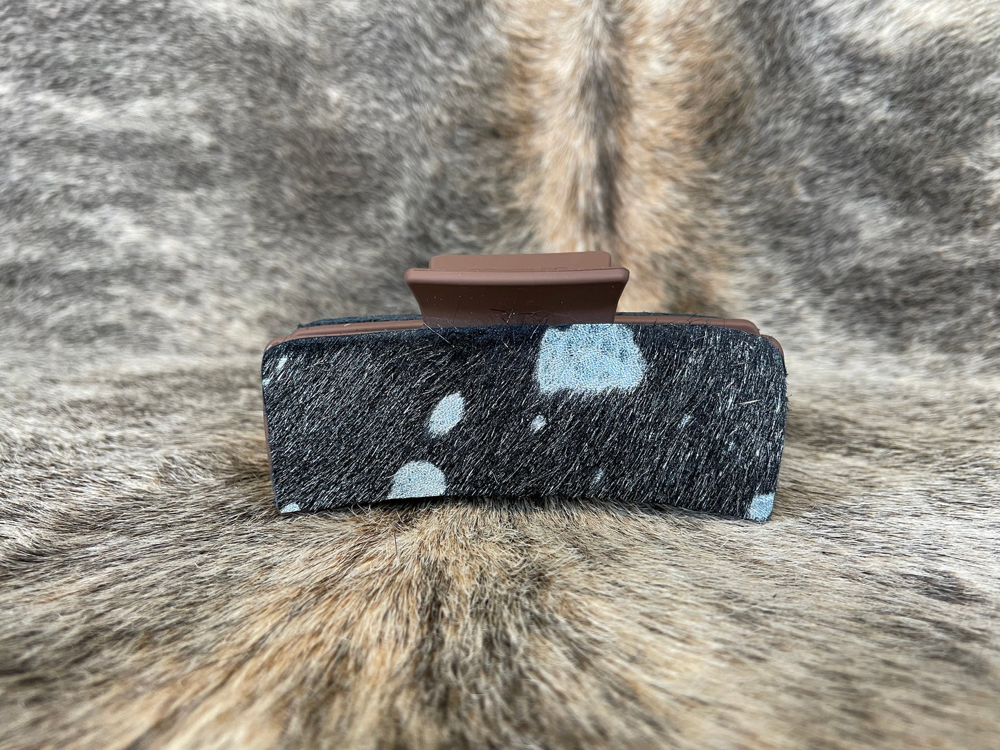 4” Chocolate Hair Clip with Silver Acid Wash Hair On Cowhide