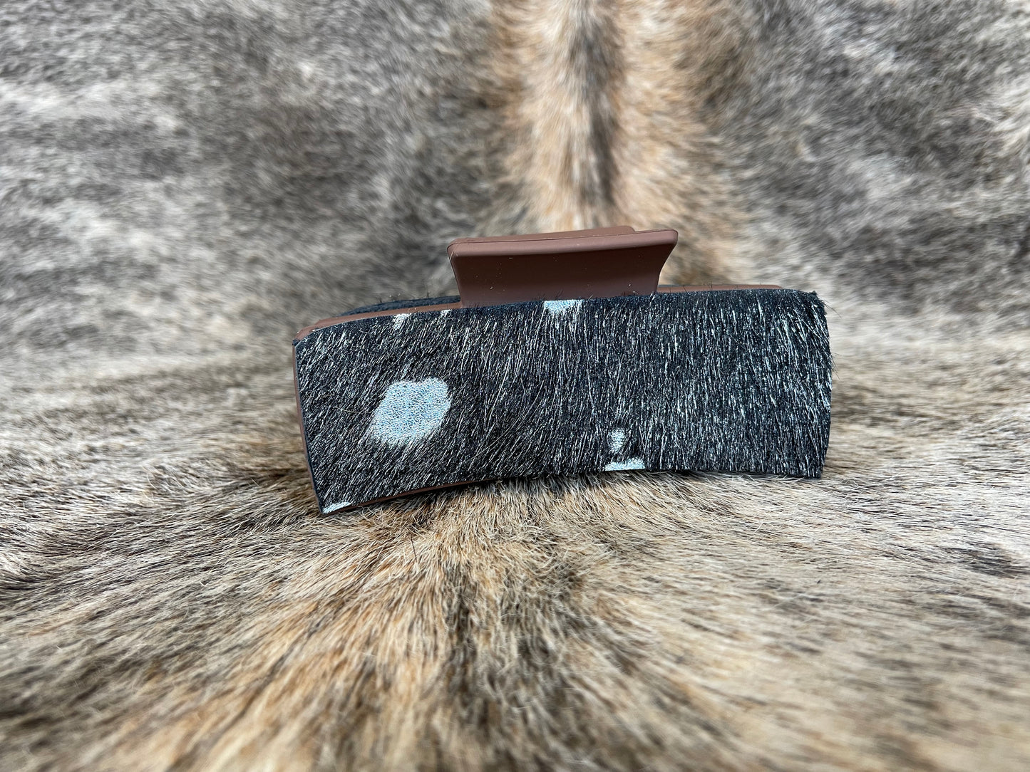 4” Chocolate Hair Clip with Silver Acid Wash Hair On Cowhide